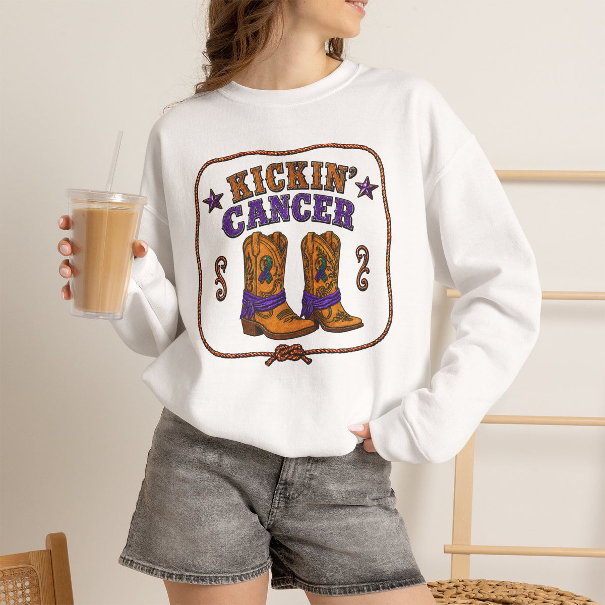 Kickin' Cancer + Cowboy Chemo Two-Sided Crewneck Sweatshirt