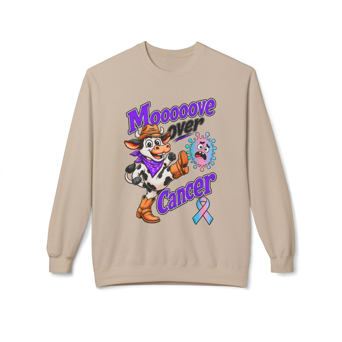 Woman wearing Moooove Over Cancer white crewneck with cow graphic and Thyroid Cancer ribbon