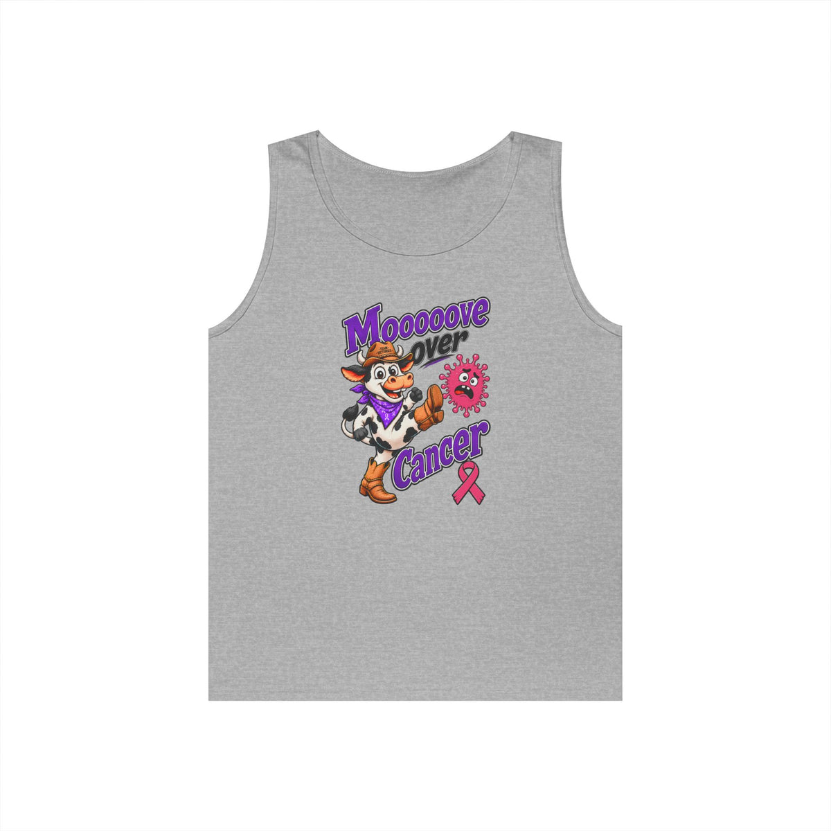 Gray Moooove Over Cancer tank top with western character and Breast Cancer awareness ribbon