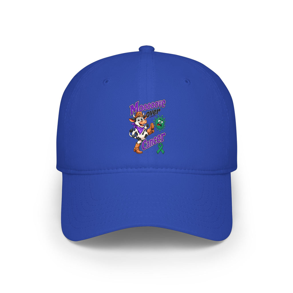 Blue Moooove Over Cancer low-profile baseball hat with colorful front artwork and green ribbon