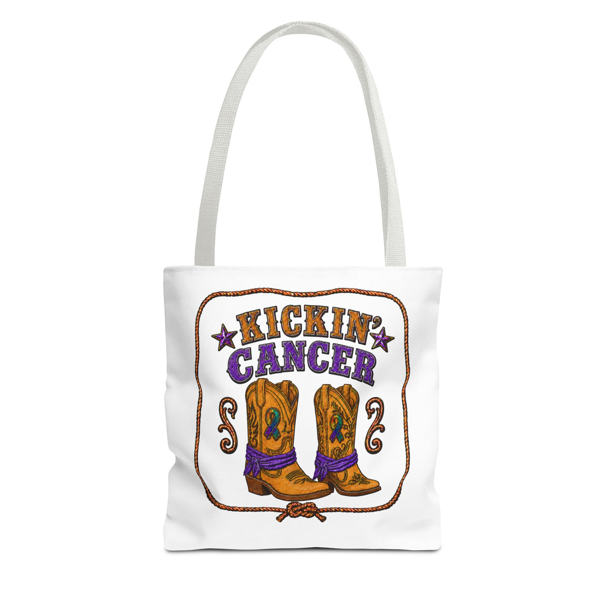 Kickin' Cancer tote bag with cowboy boot design and light gray handles