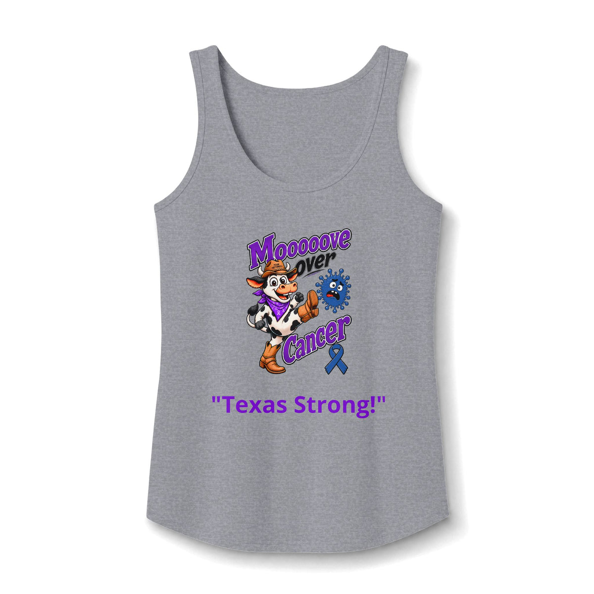 Moooove Over Cancer Texas Strong tank top with Colon Cancer awareness ribbon in heather gray