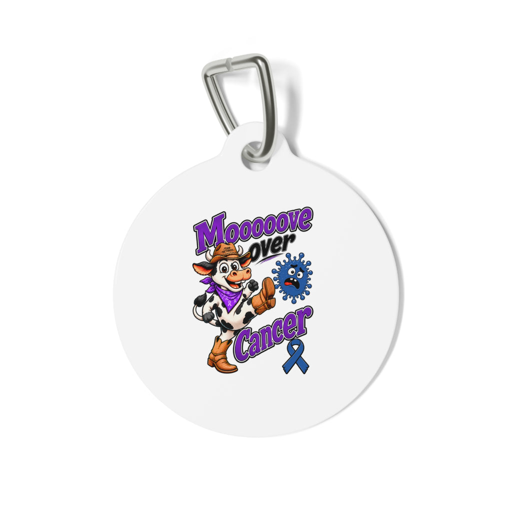 Moooove Over Cancer pet ID tag with a Colon Cancer awareness ribbon design