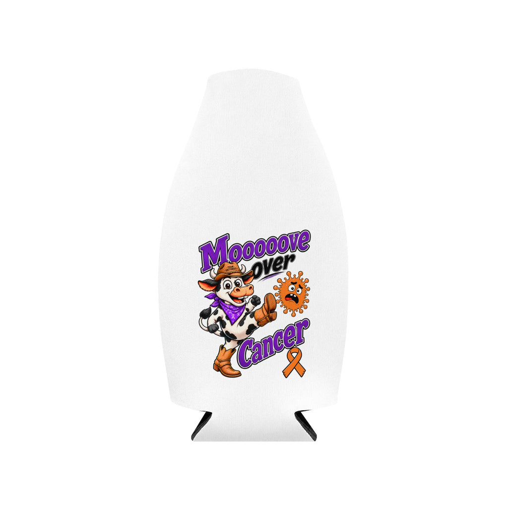 Moooove Over Cancer bottle cooler sleeve with Leukemia/Kidney Cancer awareness ribbon