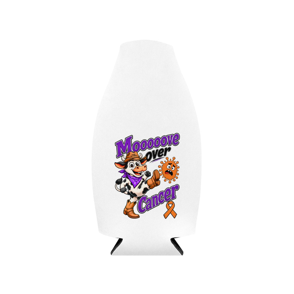 Moooove Over Cancer bottle cooler sleeve with Leukemia/Kidney Cancer awareness ribbon