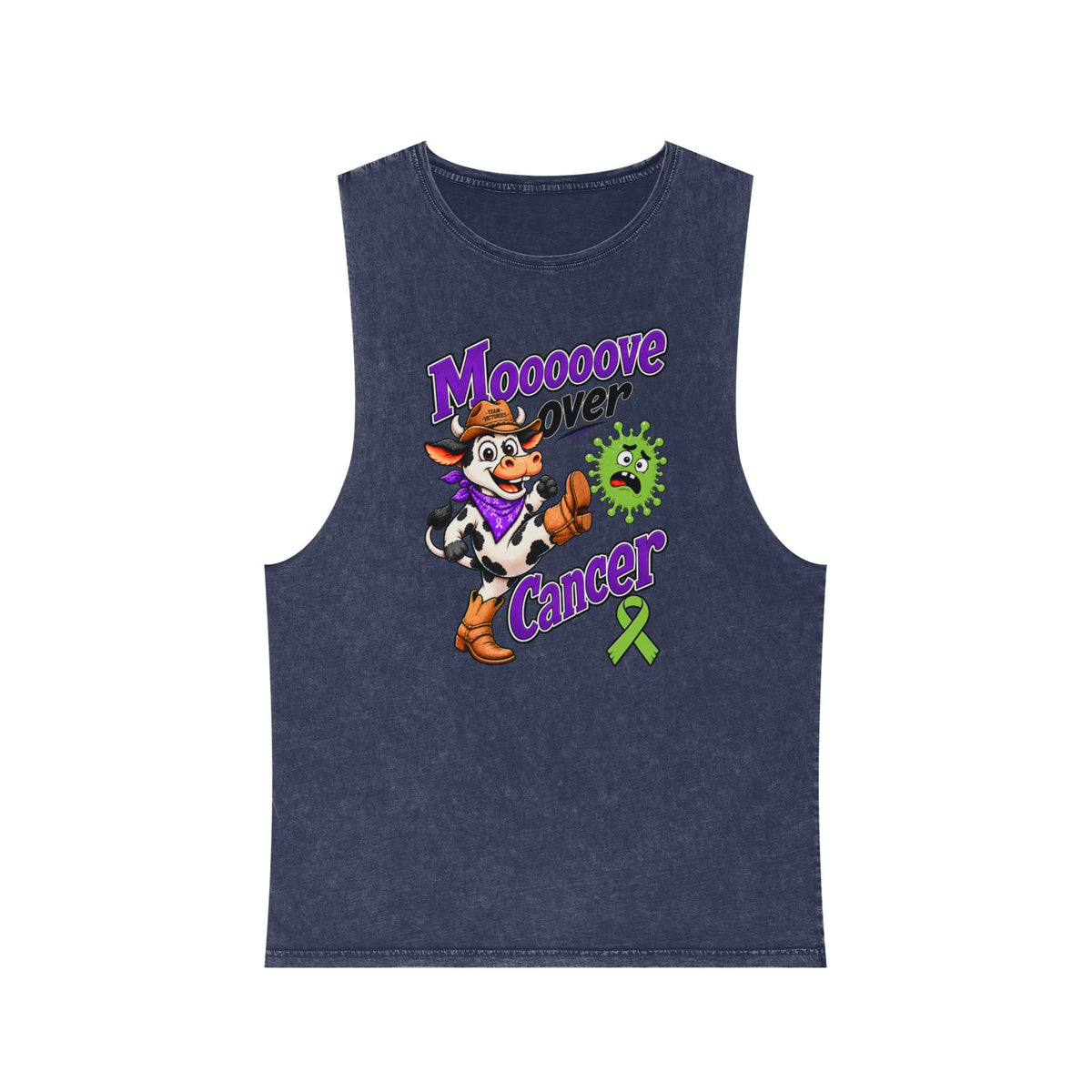 Moooove Over Cancer tank top in navy with Non-Hodgkin/Lymphoma Cancer awareness ribbon