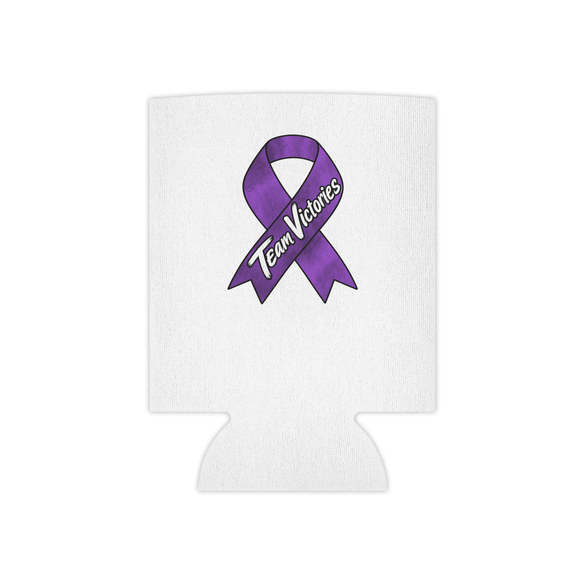 Team Victories purple ribbon design on a white can cooler