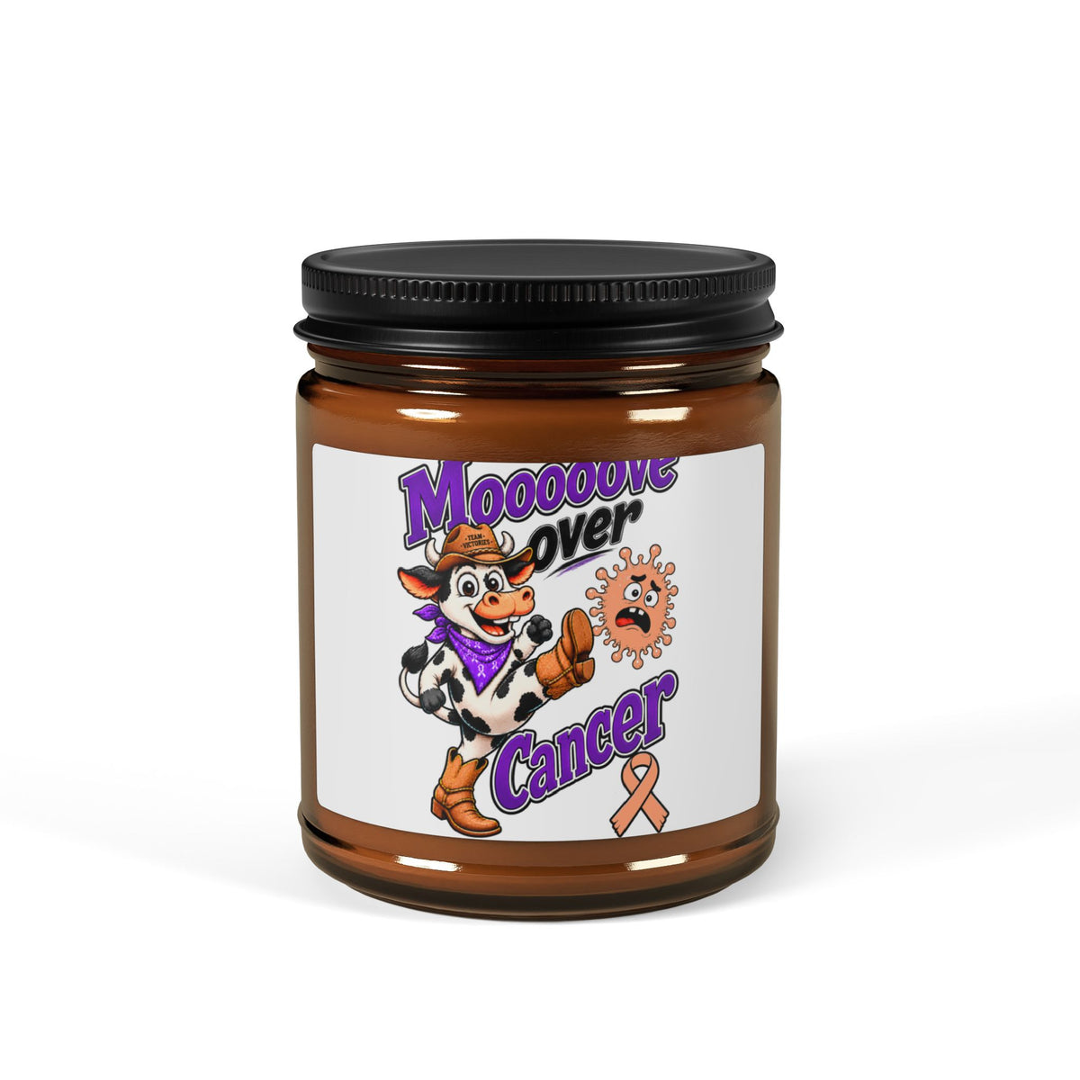 Close-up Moooove Over Cancer amber jar candle with Uterine Cancer awareness ribbon label