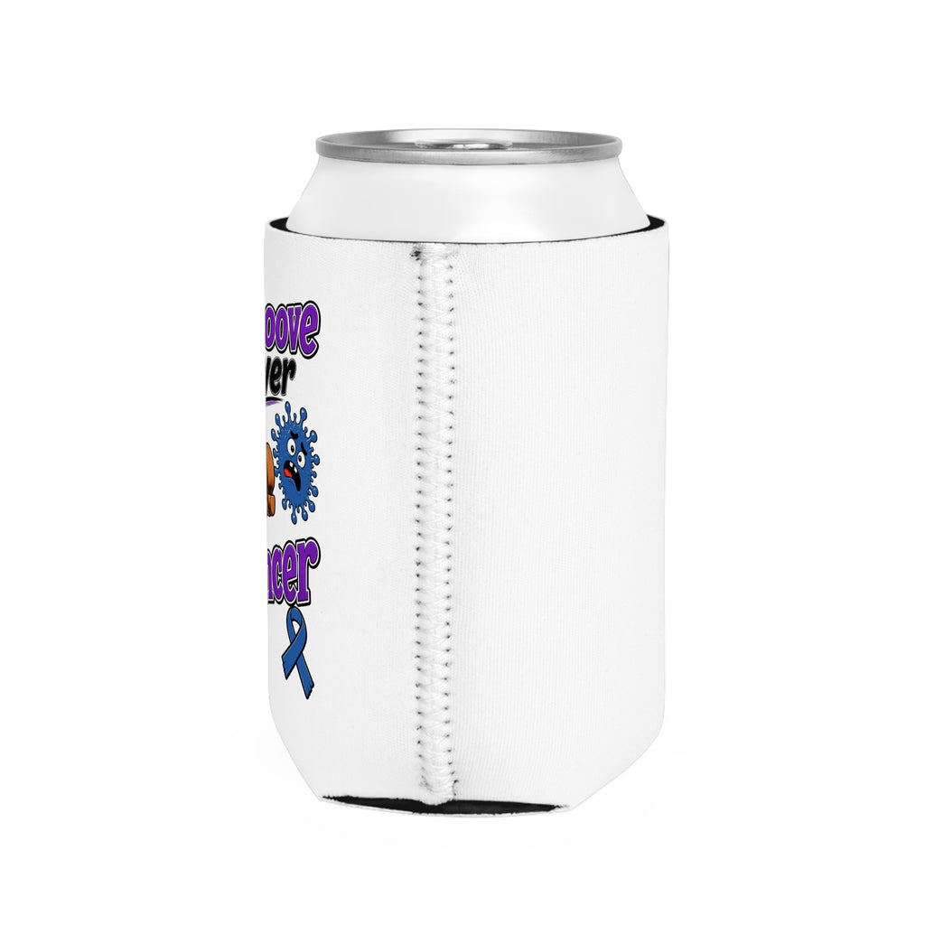 Reverse side of Moooove Over Cancer can cooler showing the stitched construction