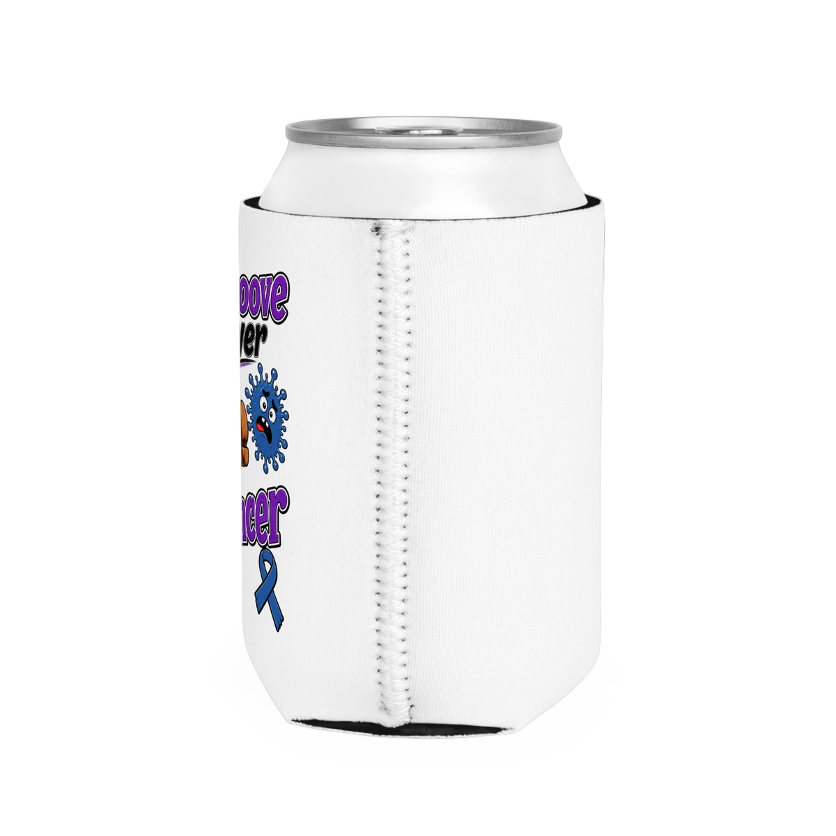 Reverse side of Moooove Over Cancer can cooler showing the stitched construction