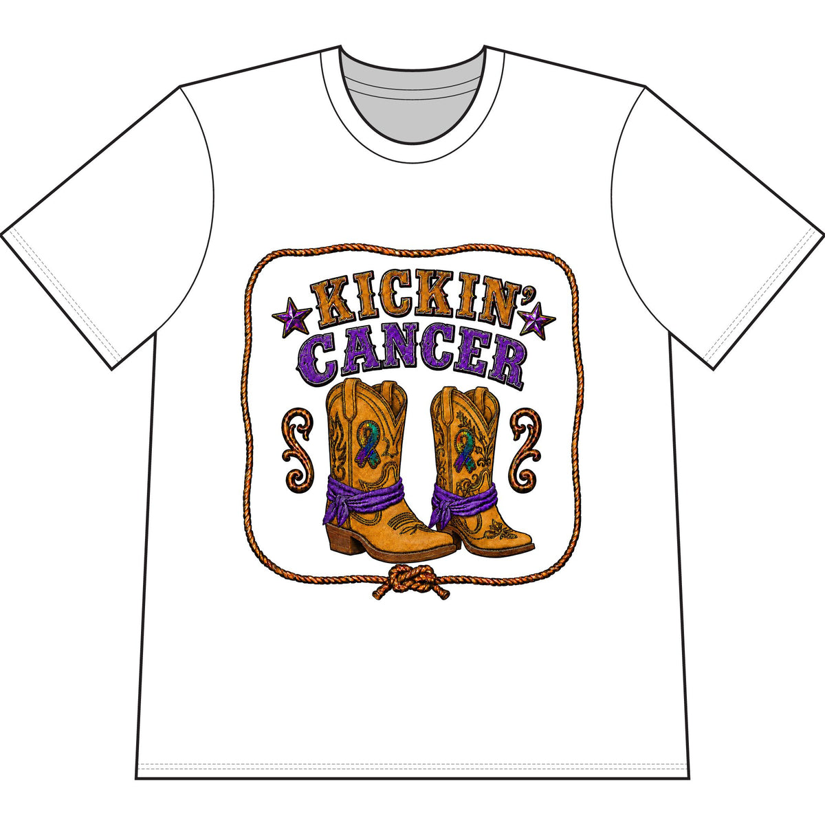 Kickin’ Cancer White heavyweight garment-dyed T-shirt with western boot and awareness-ribbon artwork.