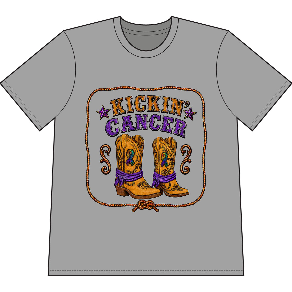 Kickin’ Cancer Cement heavyweight garment-dyed T-shirt with western boot and awareness-ribbon artwork.