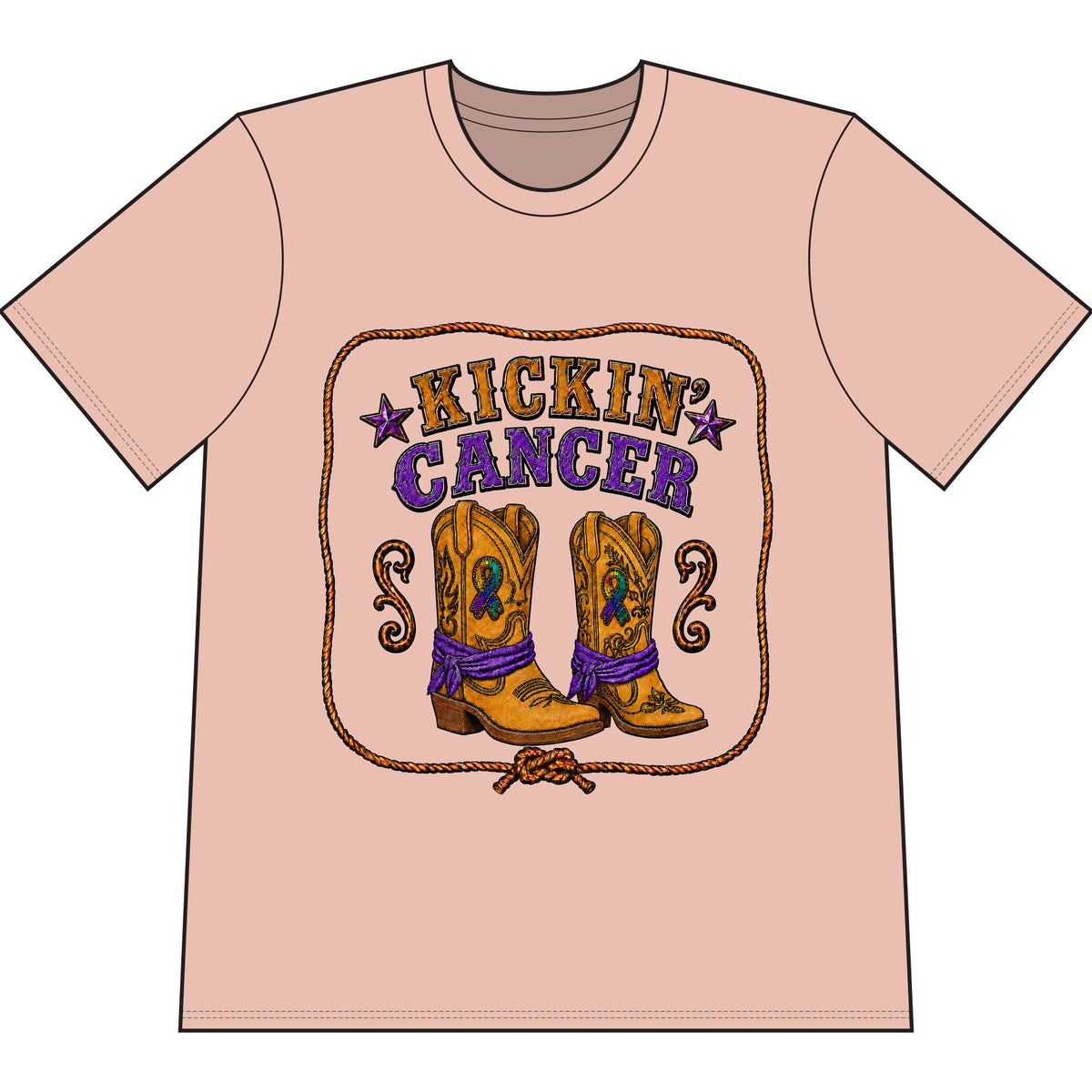 Kickin’ Cancer Peach heavyweight garment-dyed T-shirt with western boot and awareness-ribbon artwork.