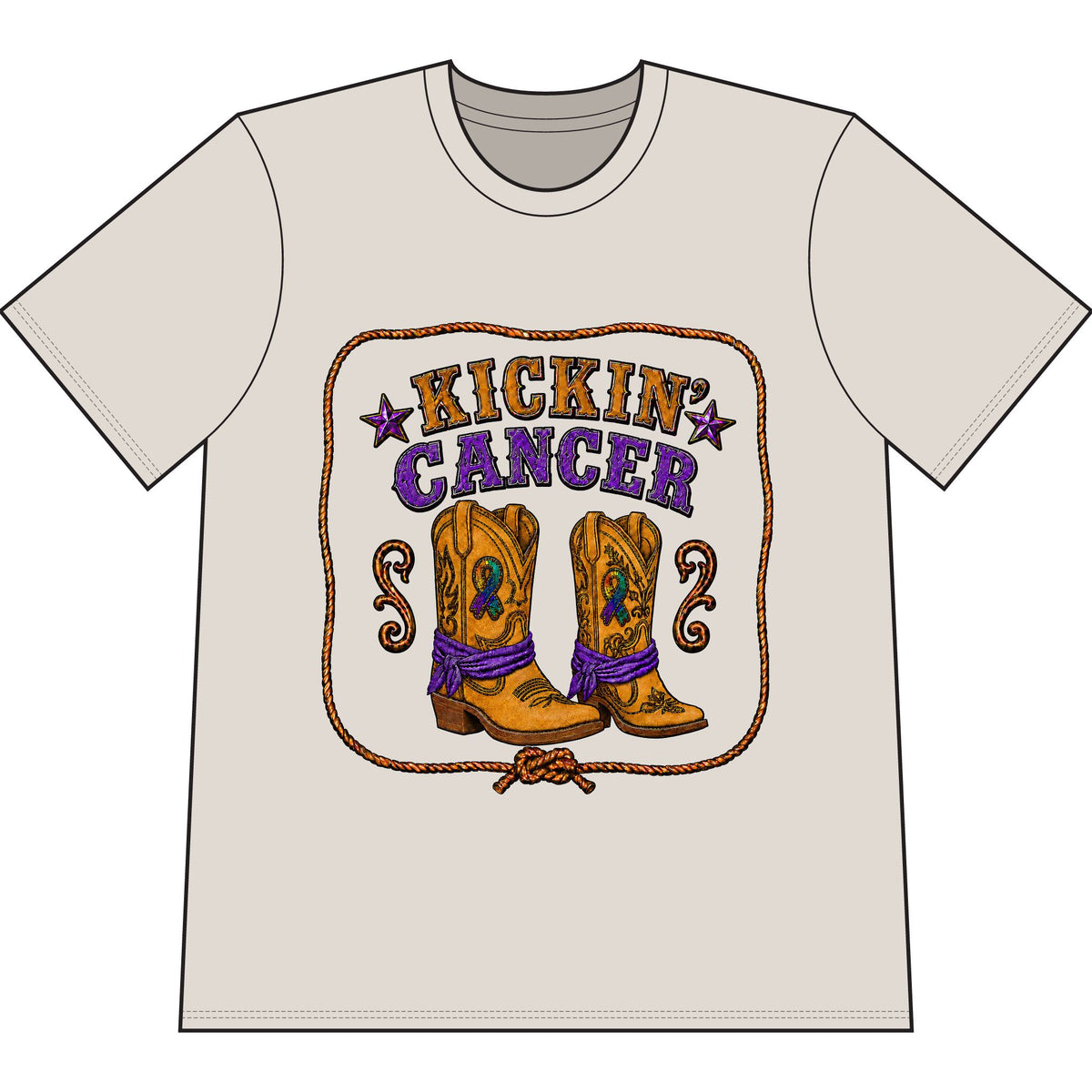 Kickin’ Cancer Oatmeal heavyweight garment-dyed T-shirt with western boot and awareness-ribbon artwork.