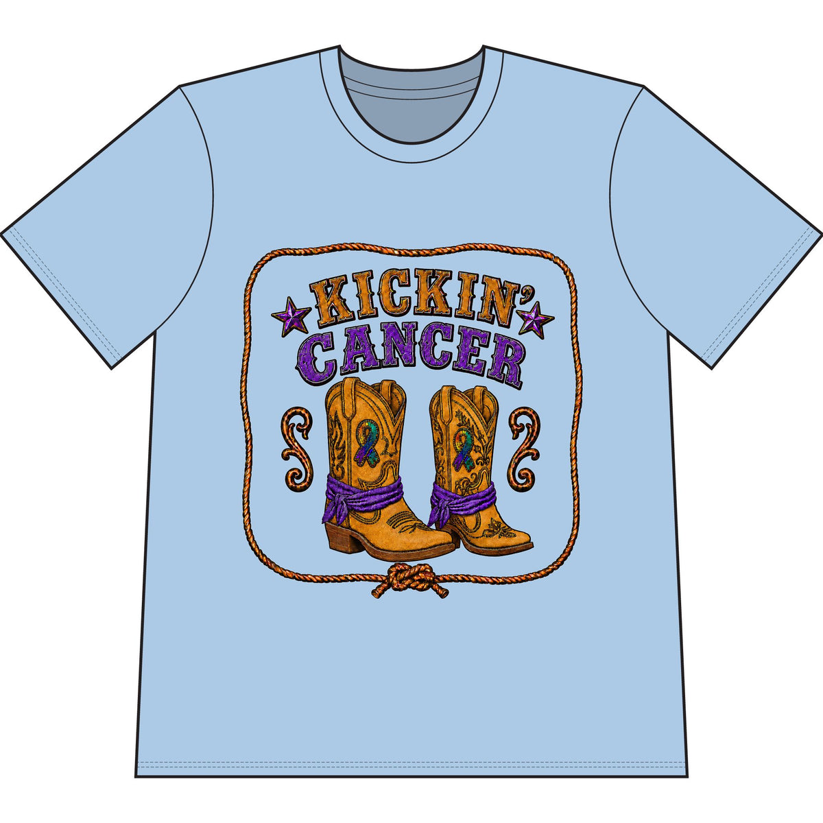 Kickin’ Cancer Powder Blue heavyweight garment-dyed T-shirt with western boot and awareness-ribbon artwork.