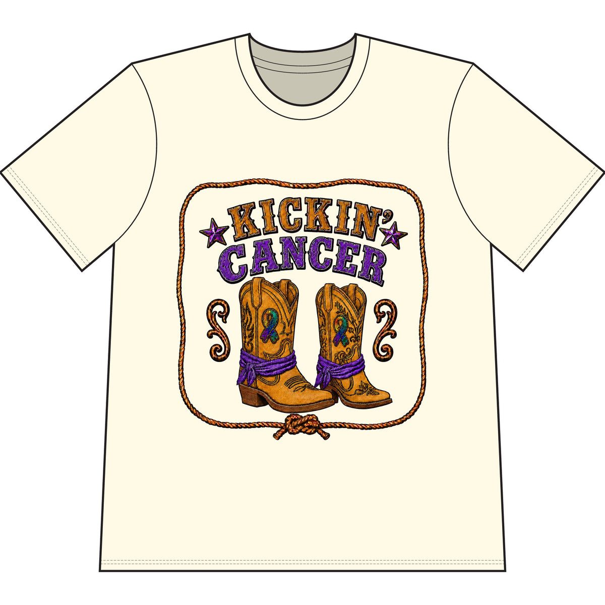 Kickin’ Cancer Cream heavyweight garment-dyed T-shirt with western boot and awareness-ribbon artwork.
