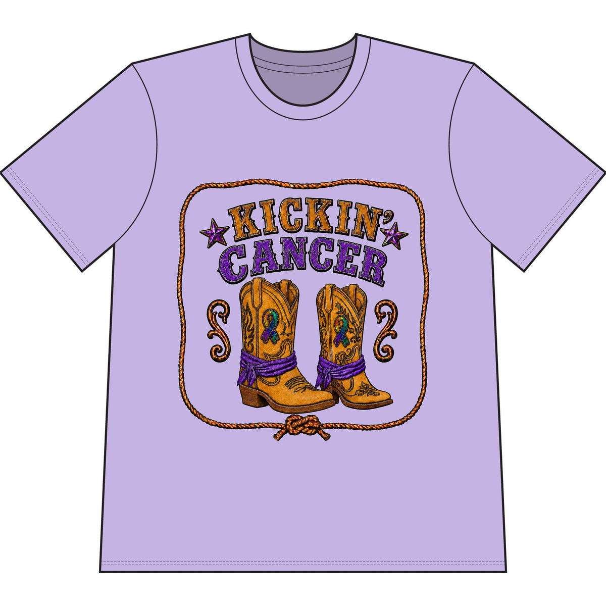 Kickin’ Cancer Pastel Purple heavyweight garment-dyed T-shirt with western boot and awareness-ribbon artwork.