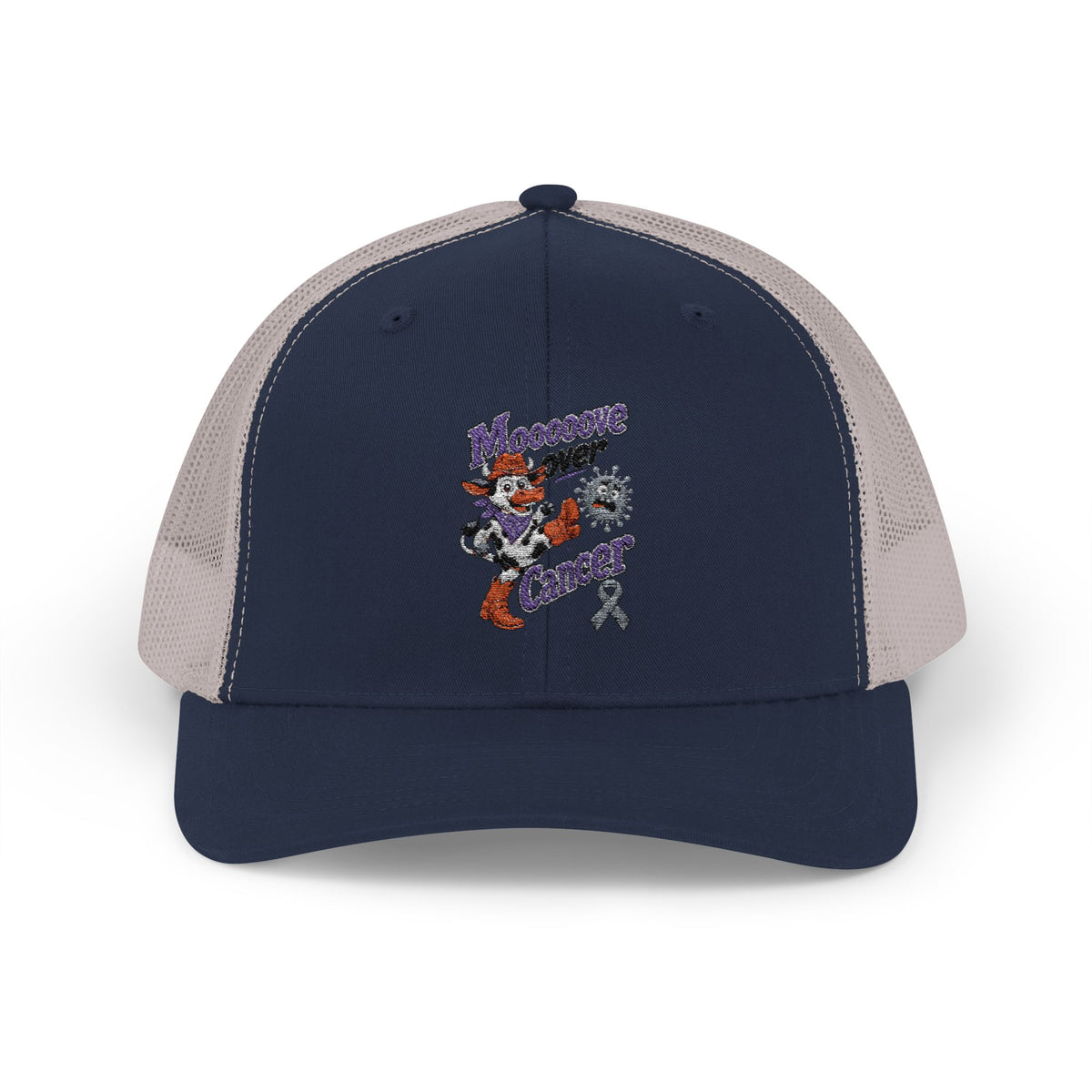 Back view of the Moooove Over Cancer trucker hat showing the adjustable closure