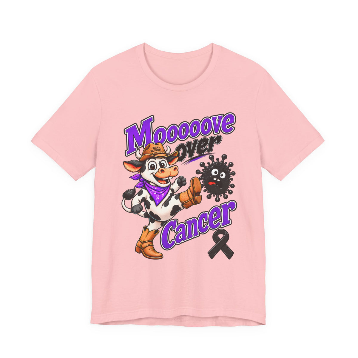 Red Moooove Over Cancer T-shirt with colorful cow cancer support graphic