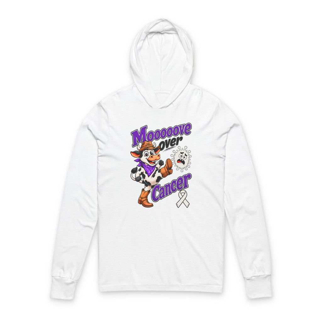 Moooove Over Cancer hooded long-sleeve tee with cow graphic and white Lung Cancer awareness ribbon