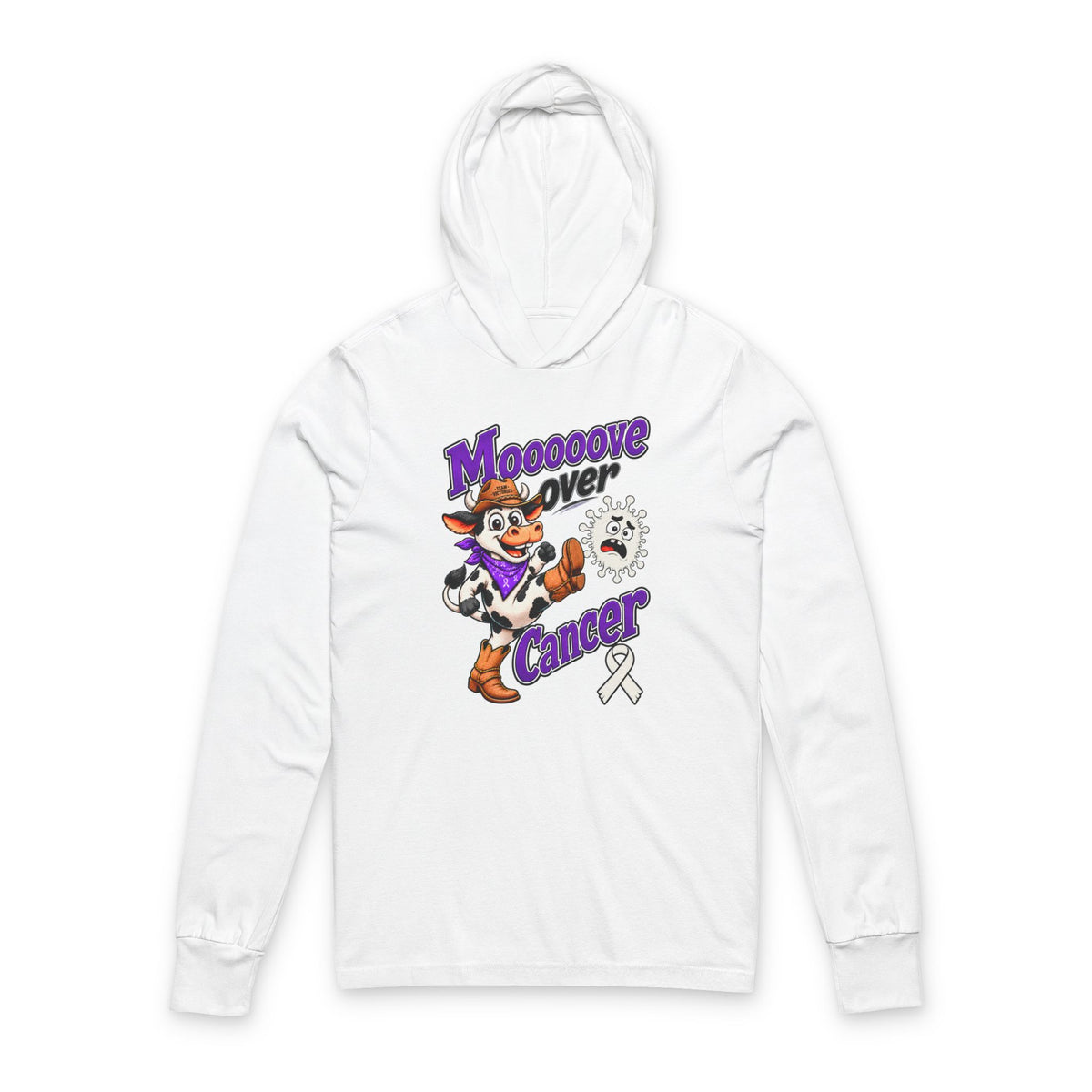 Moooove Over Cancer hooded long-sleeve tee with cow graphic and white Lung Cancer awareness ribbon