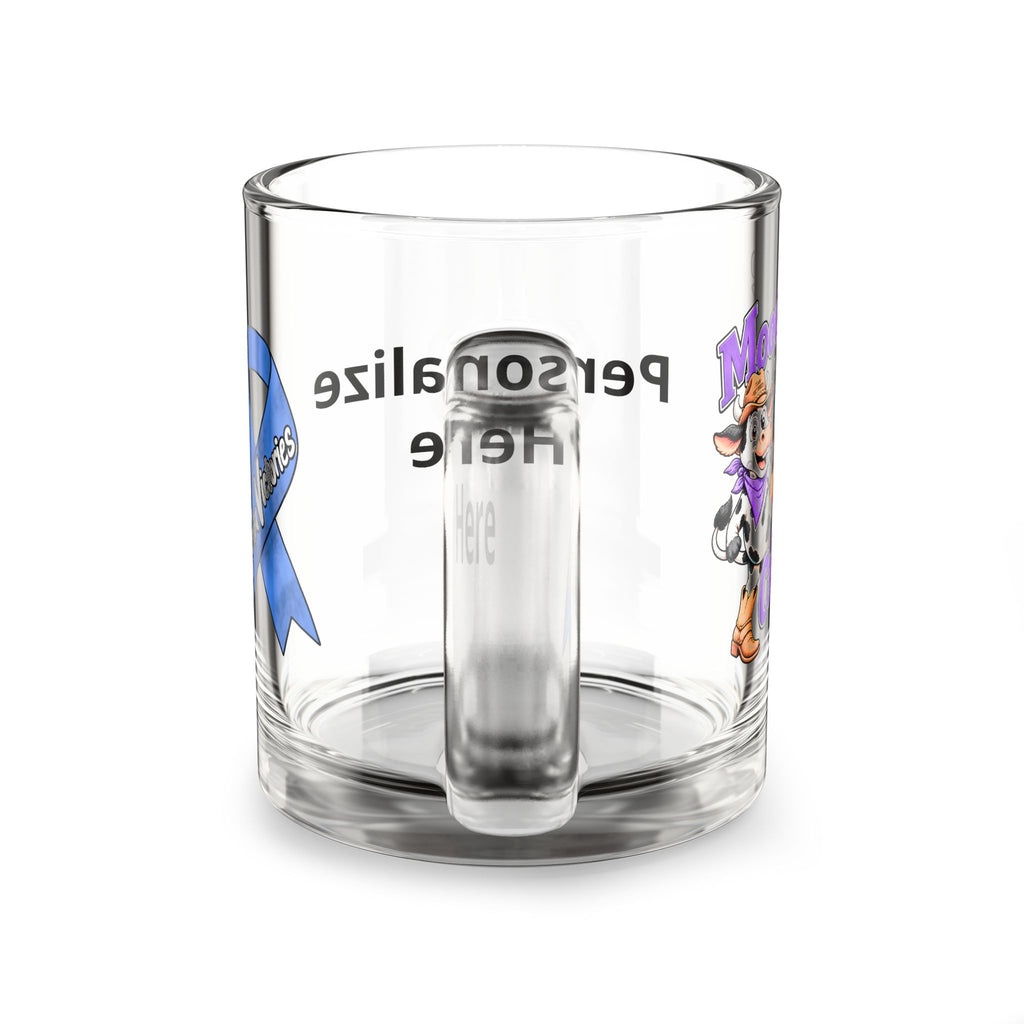 Rear view of the Moooove Over Cancer glass mug with its personalization area