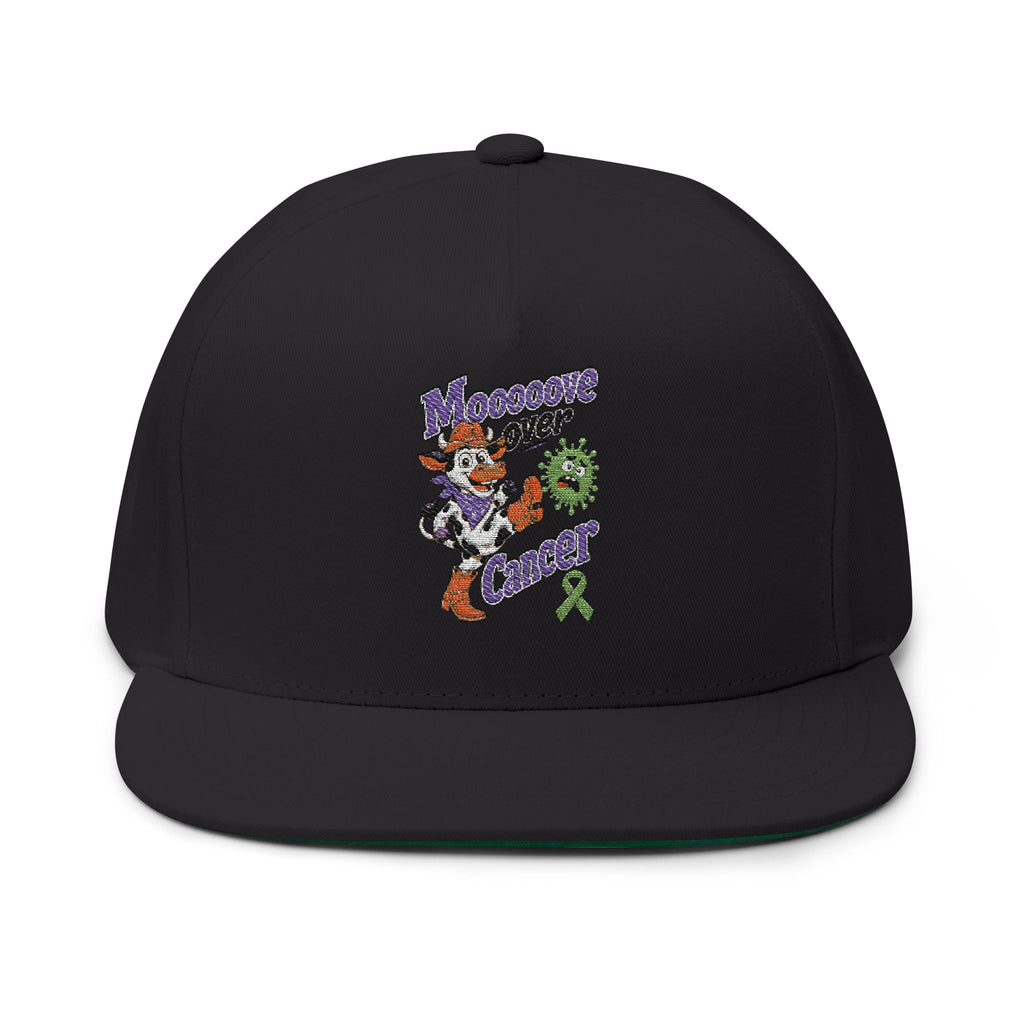 Black Moooove Over Cancer flat bill cap with bold cancer awareness artwork