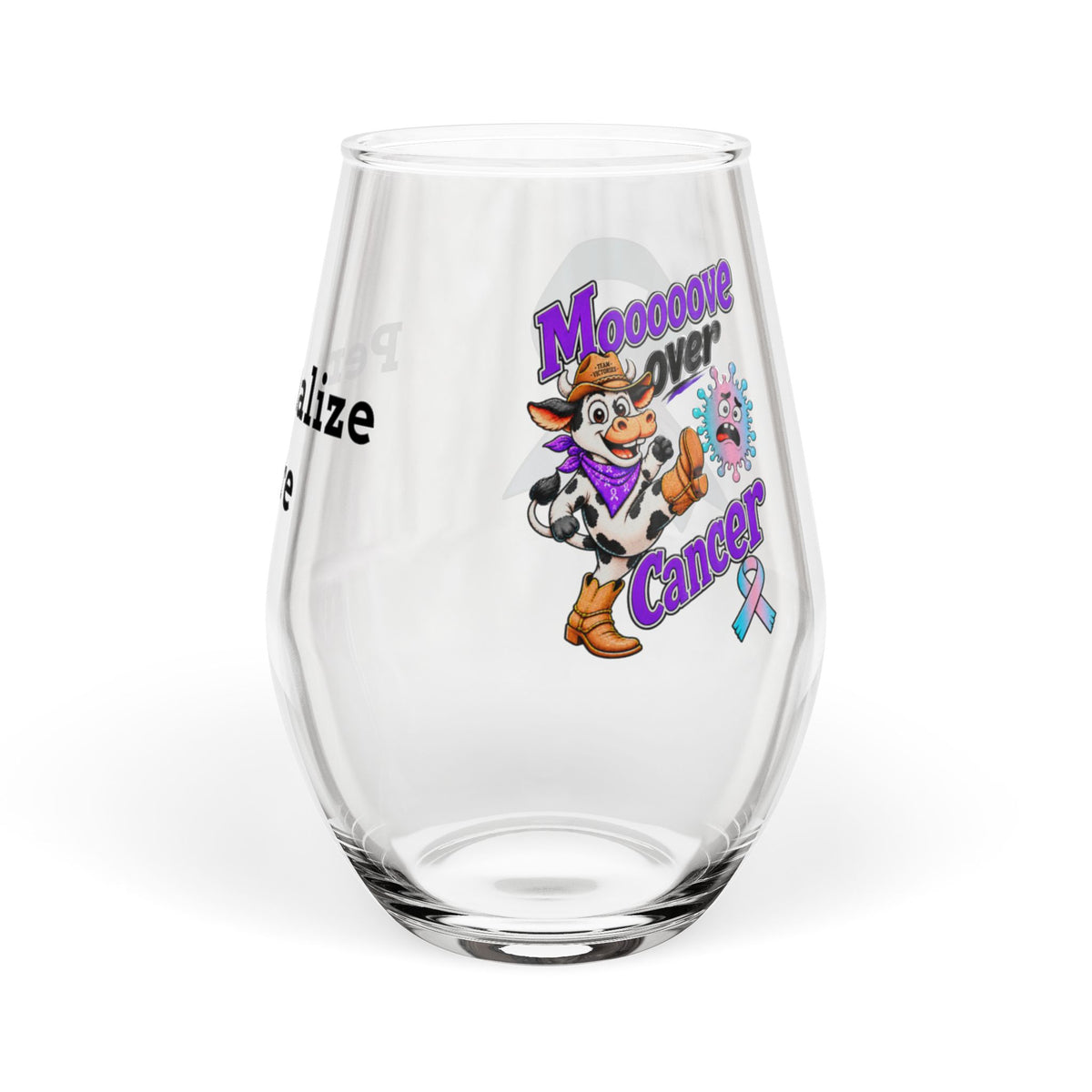 Moooove Over Cancer personalized 11.75 oz stemless wine glass with cow and cancer ribbon artwork