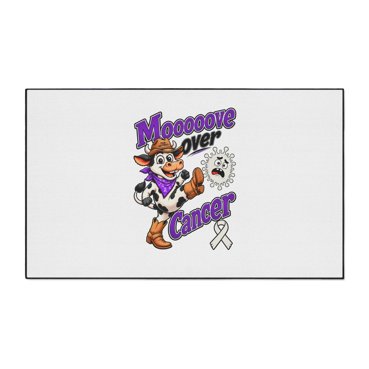 Moooove Over Cancer design centered on a rectangular floor mat with Lung Cancer awareness ribbon