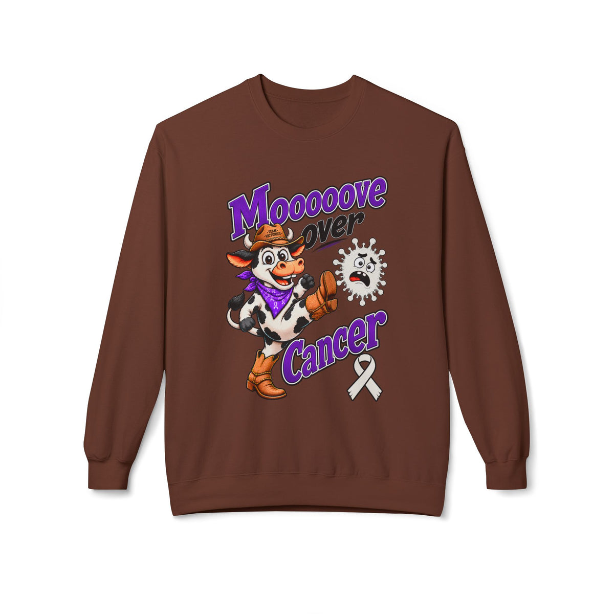 Model wearing Moooove Over Cancer crewneck sweatshirt with Lung Cancer awareness ribbon