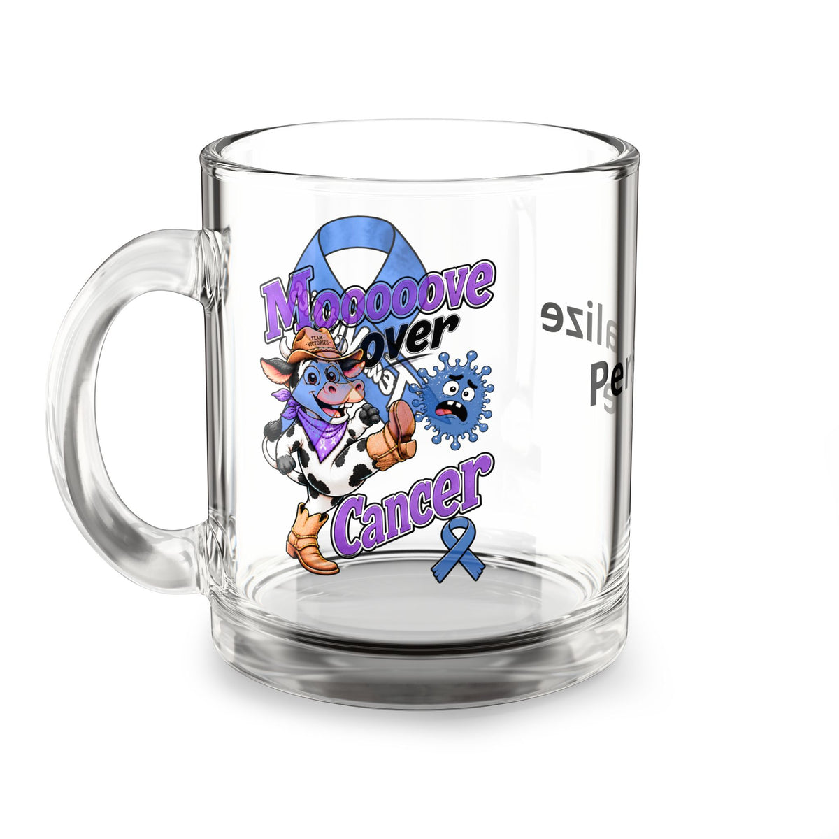 Moooove Over Cancer glass mug with cow artwork and Colon Cancer awareness ribbon