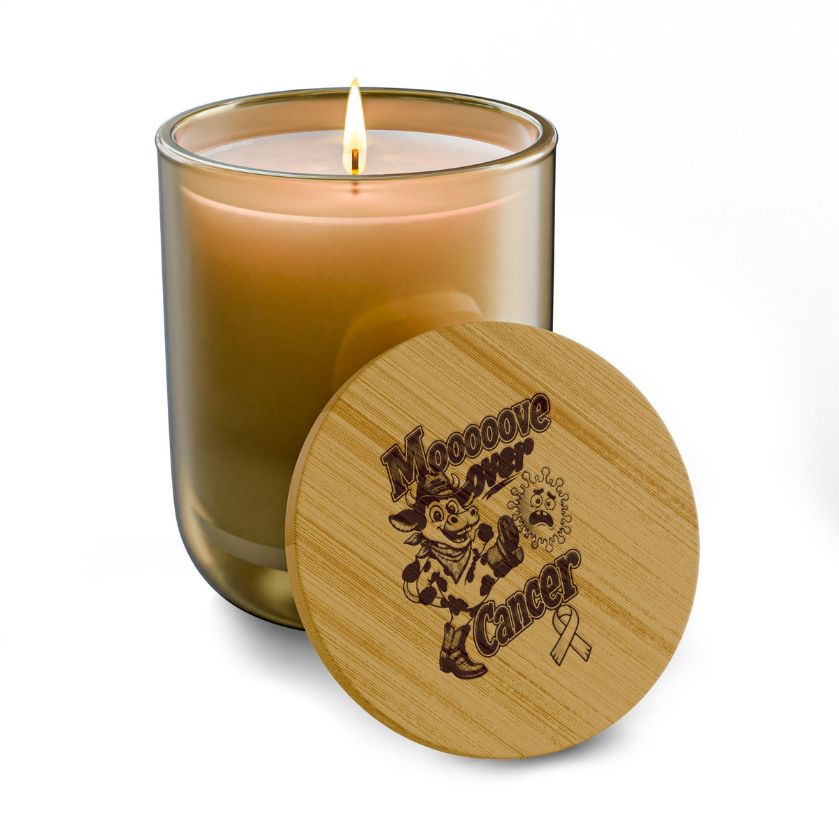 Moooove Over Cancer engraved soy candle with amber glass jar and bamboo lid