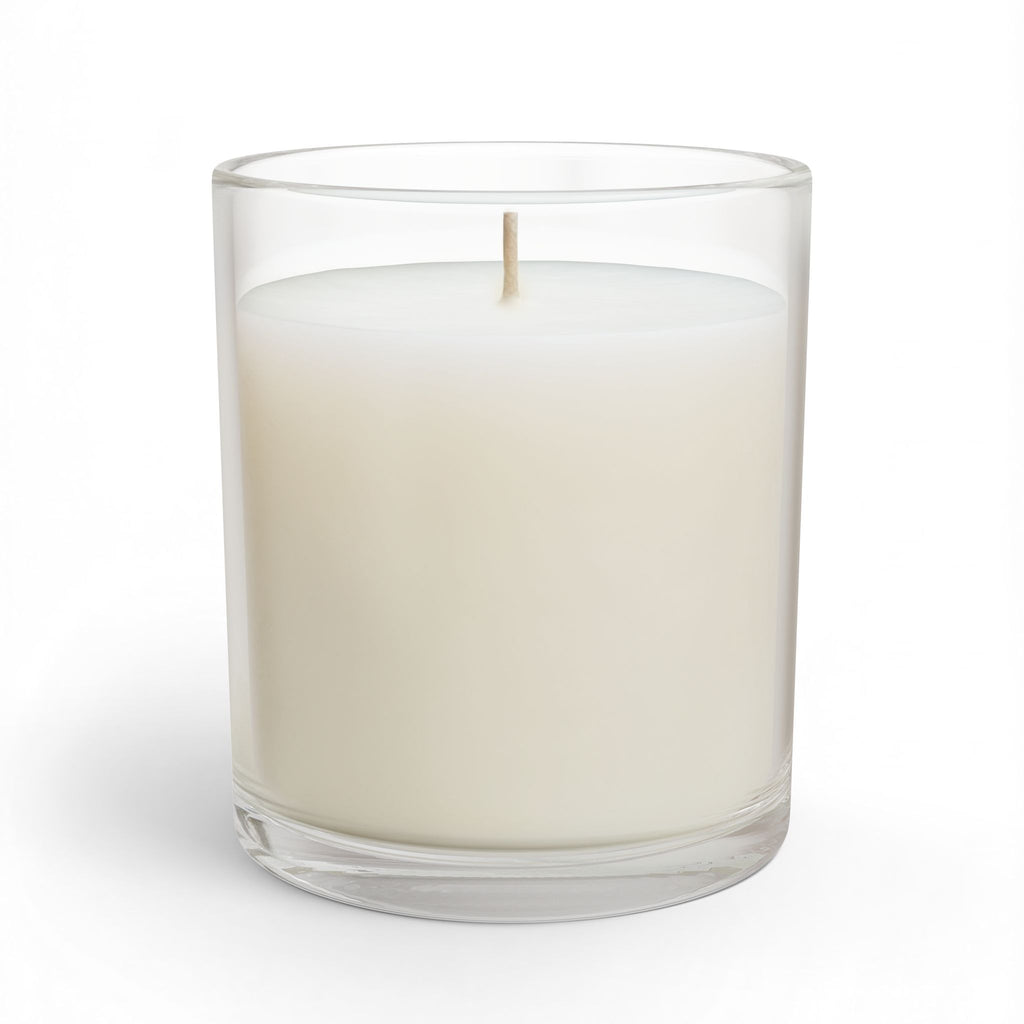 Rear view of a clear glass Kickin’ Cancer soy candle showing its unprinted glass surface