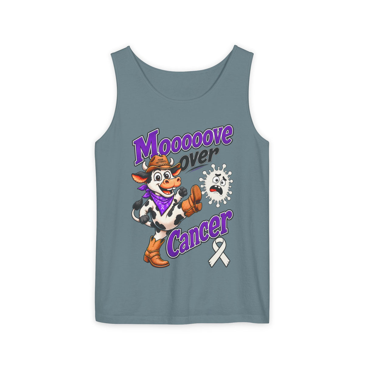 Moooove Over Cancer tank top with cow design and Lung Cancer awareness ribbon in black