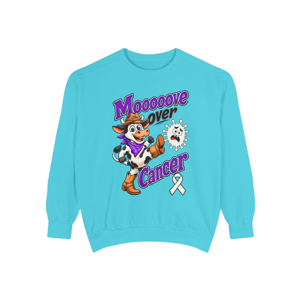 Moooove Over Cancer crewneck sweatshirt in bright blue with cowboy cow and white ribbon design