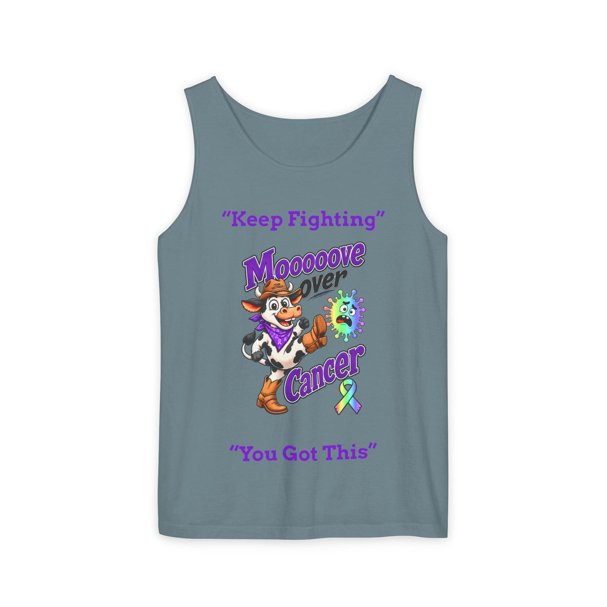 Black Moooove Over Cancer tank top with Keep Fighting and all-cancer awareness ribbon artwork