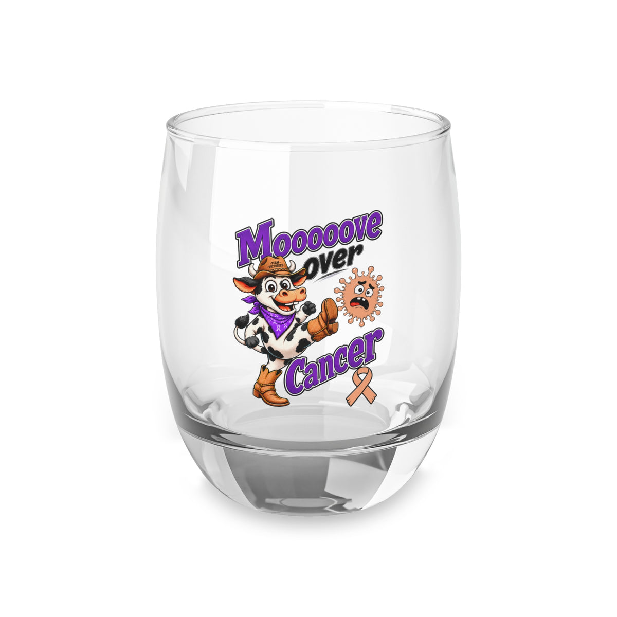 Moooove Over Cancer whiskey glass with cow artwork, purple lettering, and orange awareness ribbon