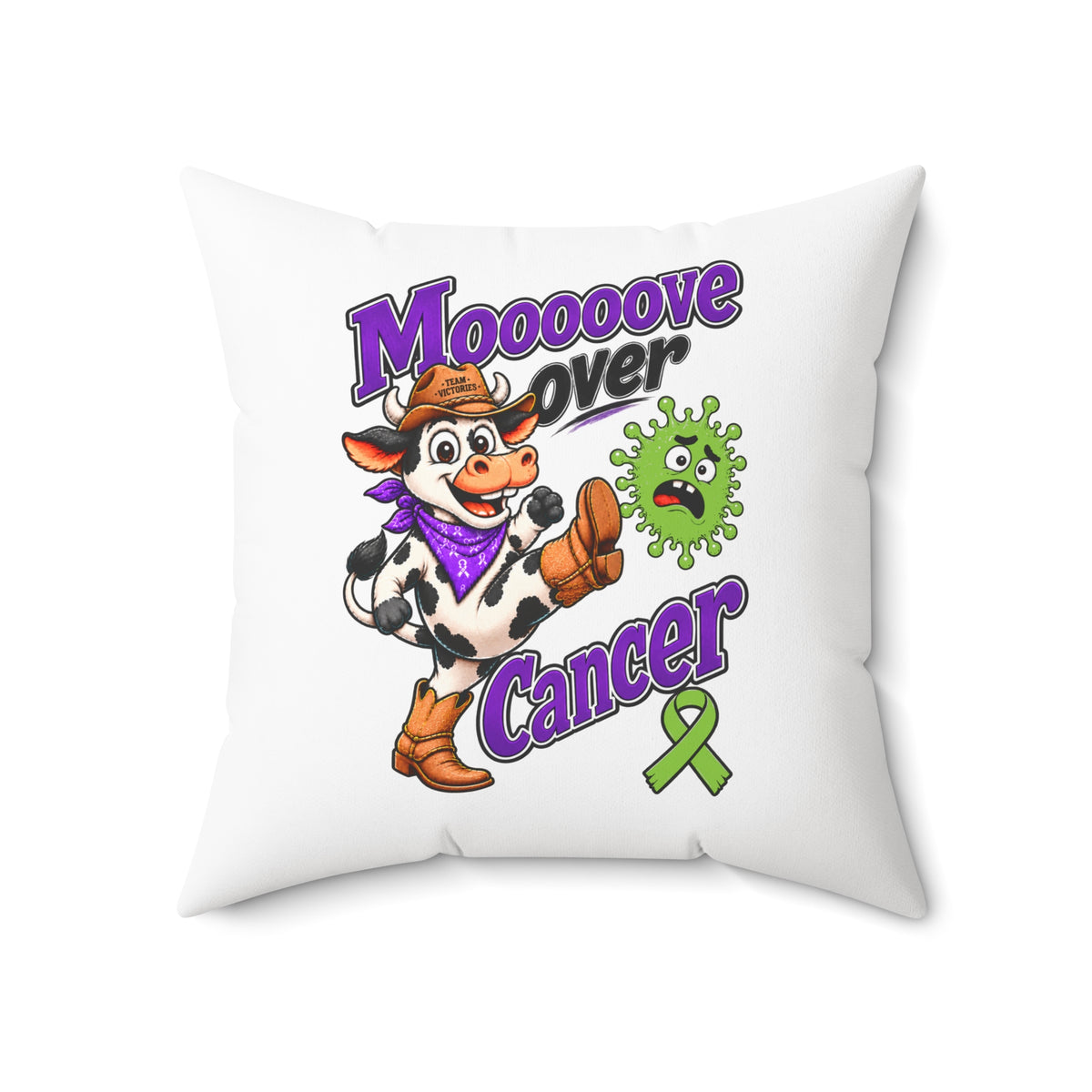 Moooove Over Cancer Team Victories pillow showing the cow kicking cancer beside the awareness design