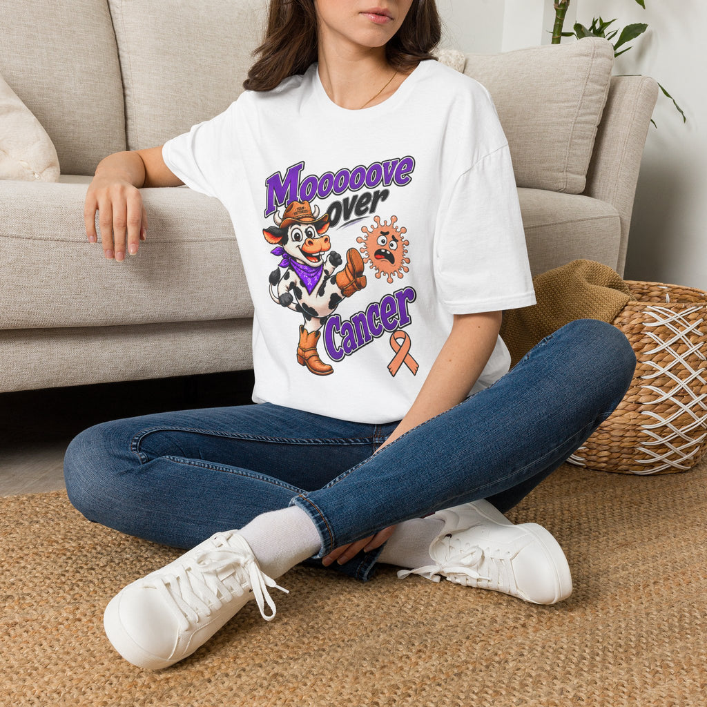 Woman wearing the Moooove Over Cancer T-Shirt with Uterine Cancer awareness ribbon