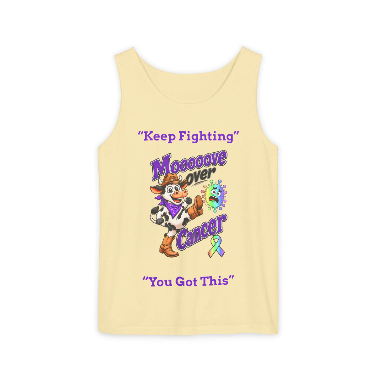 Yellow Moooove Over Cancer tank top with Keep Fighting and all-cancer awareness ribbon design