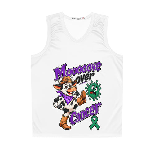 Moooove Over Cancer basketball jersey with cow mascot, basketball graphic, and green ribbon