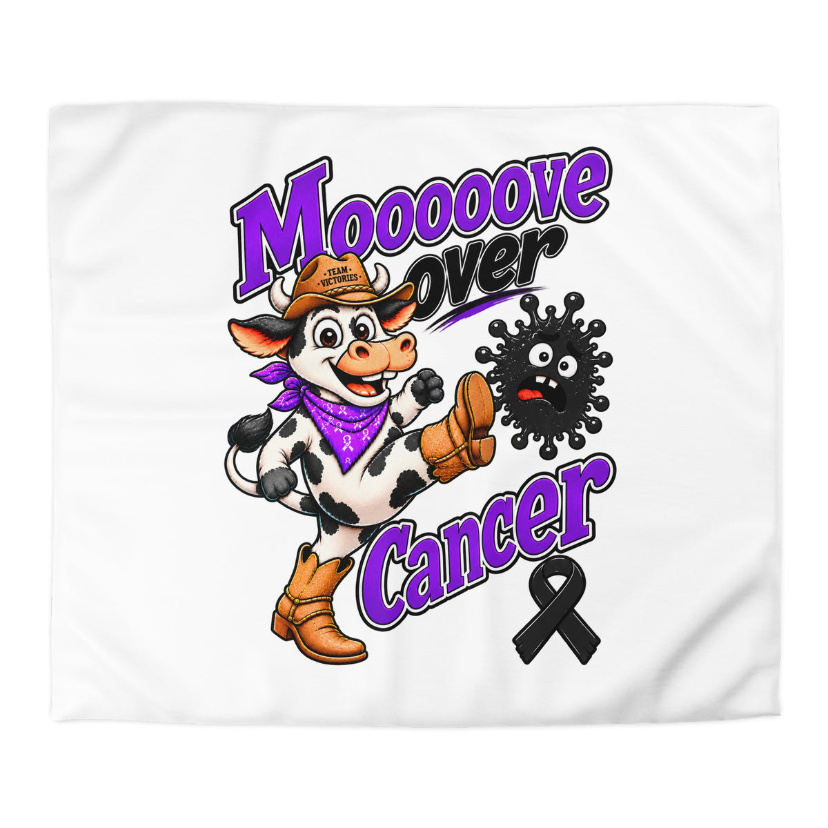 Moooove Over Cancer microfiber duvet cover displayed vertically with cowgirl cow artwork