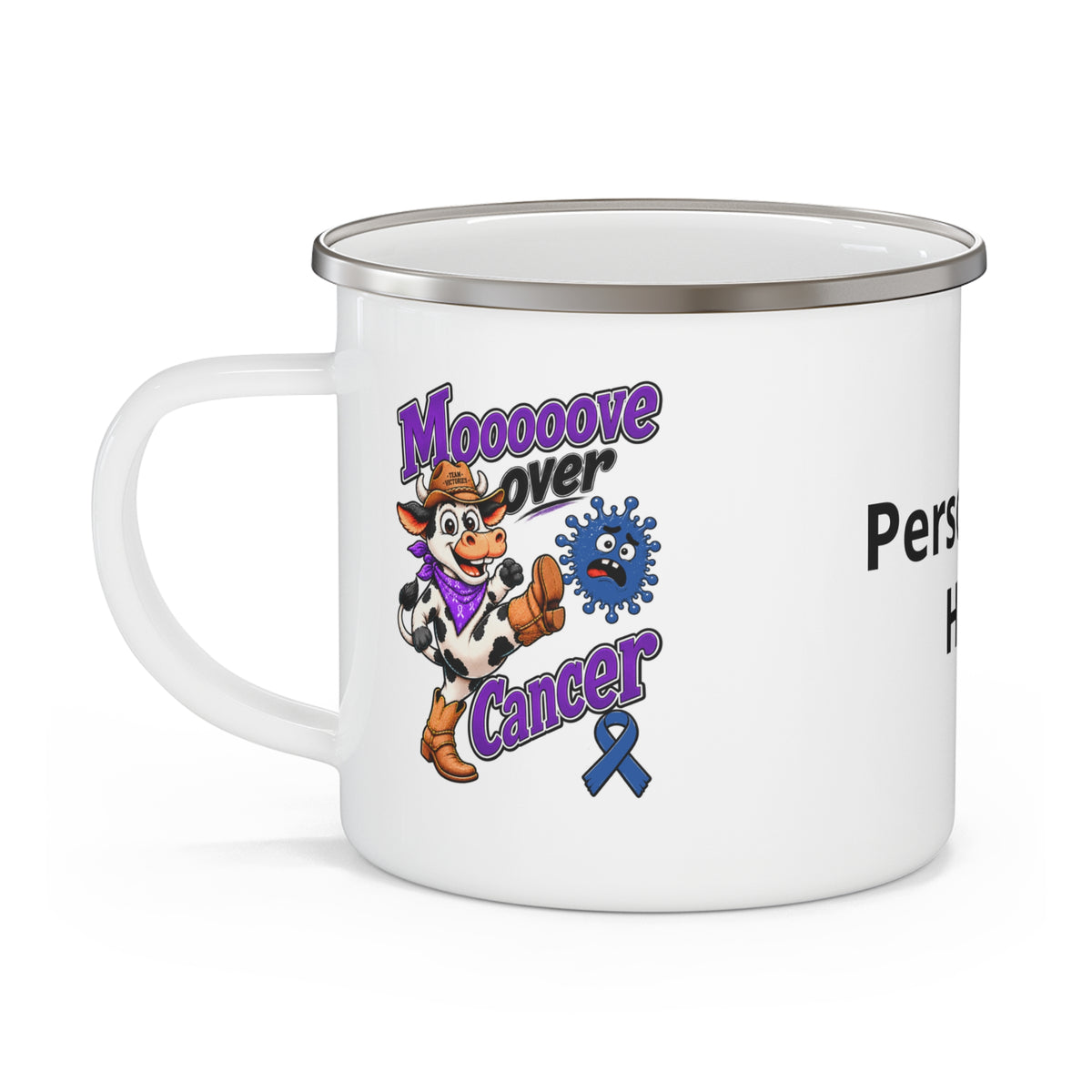 Moooove Over Cancer enamel camping mug with cow artwork and Colon Cancer awareness ribbon