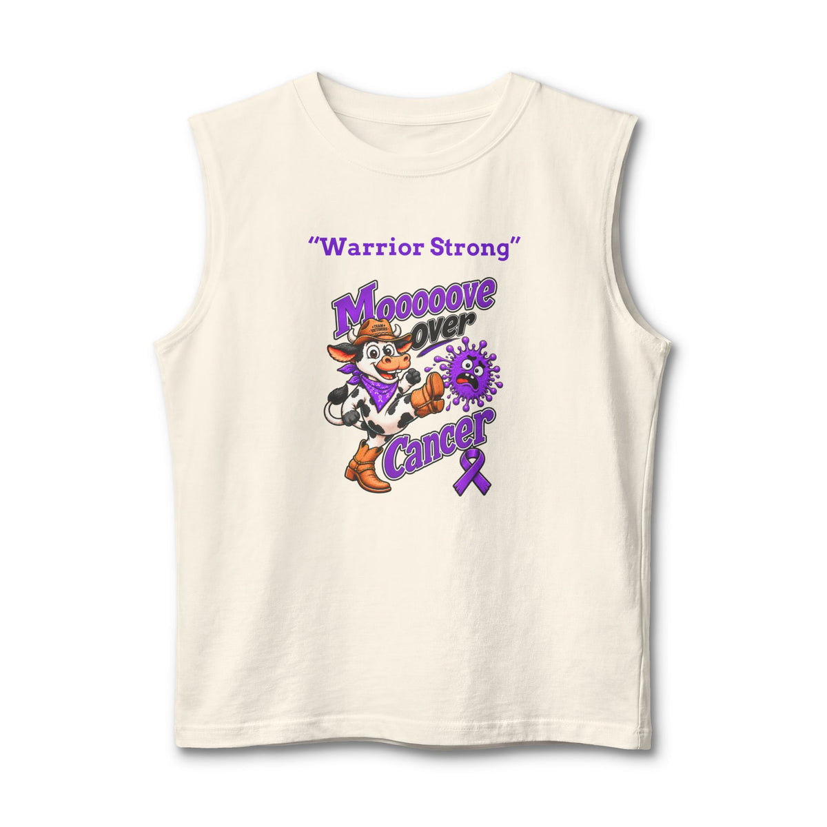 Cream Moooove Over Cancer tank top with Warrior Strong design and Pancreatic Cancer awareness ribbon