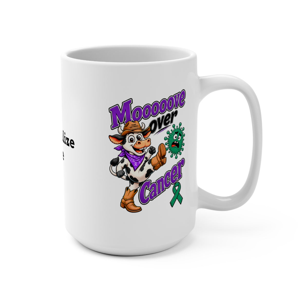Moooove Over Cancer 15 oz mug with a cowgirl design and Liver Cancer awareness ribbon