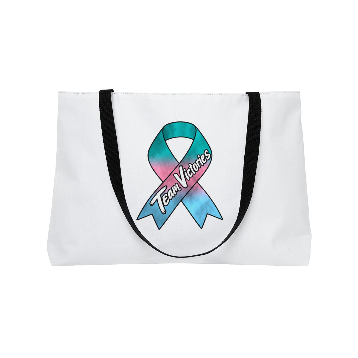 Reverse side of Team Victories weekender tote with a colorful awareness ribbon