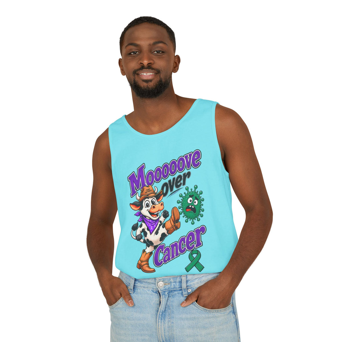 Man modeling aqua Moooove Over Cancer tank top with cow artwork and Liver Cancer awareness ribbon
