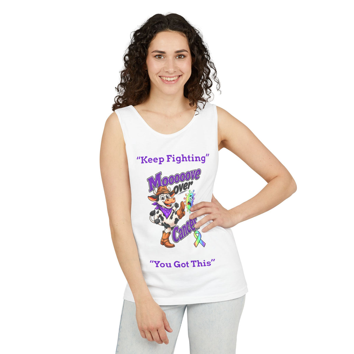 Man modeling a white Moooove Over Cancer tank top with Keep Fighting and all-cancer awareness ribbon