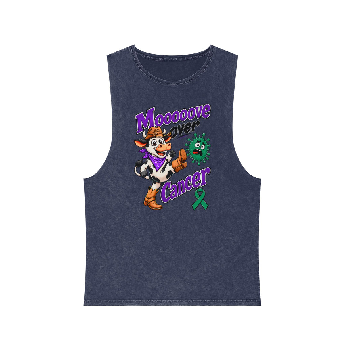 Moooove Over Cancer tank top in navy with green Liver Cancer awareness ribbon