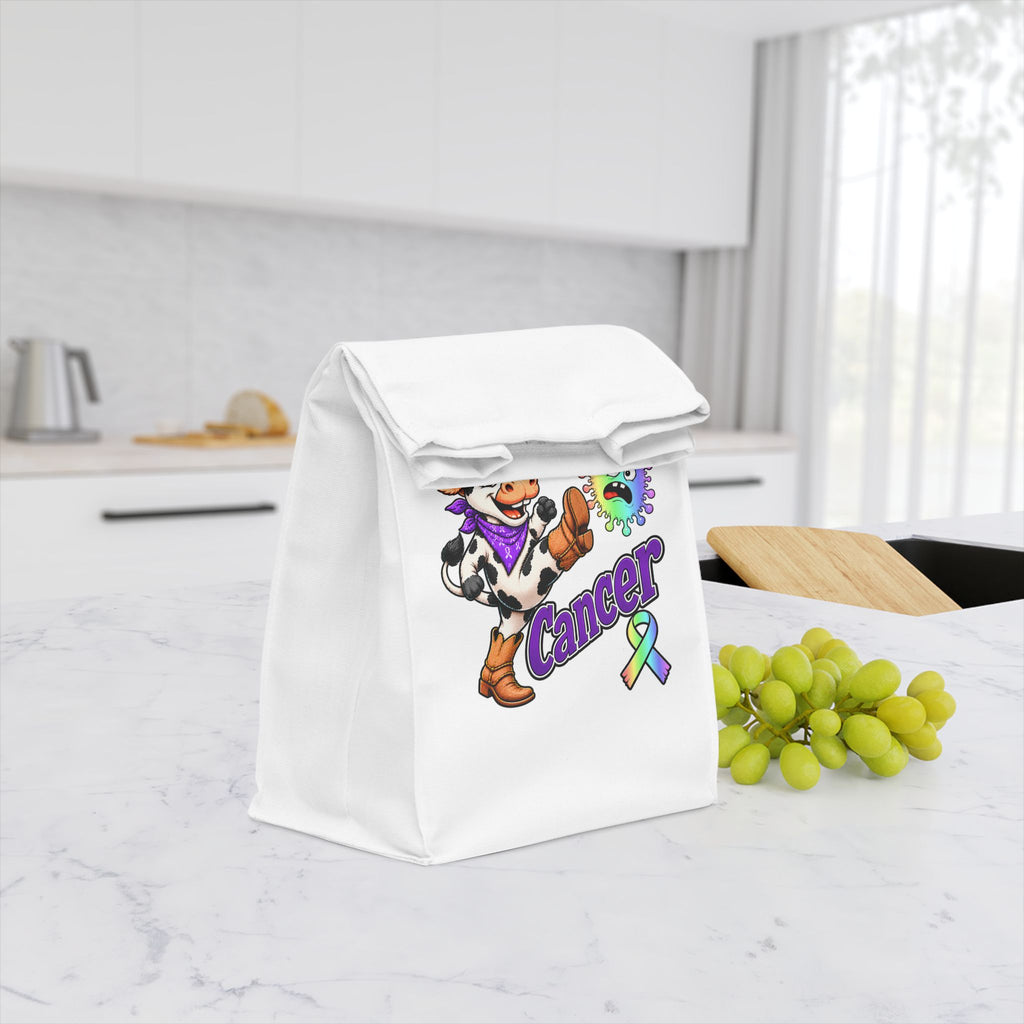 Moooove Over Cancer lunch tote with fold-over flap displayed on a kitchen counter